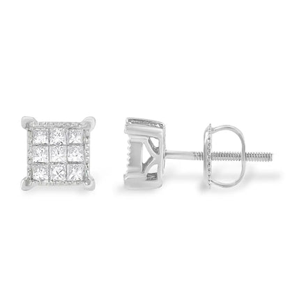 10k White Gold 1/3 Cttw Invisible Set Princess-cut Diamond 18 Stone Composite Stud Earrings with Screwbacks (i-j Color