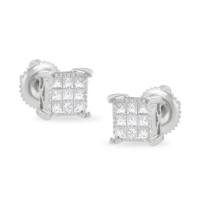 10k White Gold 1/3 Cttw Invisible Set Princess-cut Diamond 18 Stone Composite Stud Earrings with Screwbacks (i-j Color