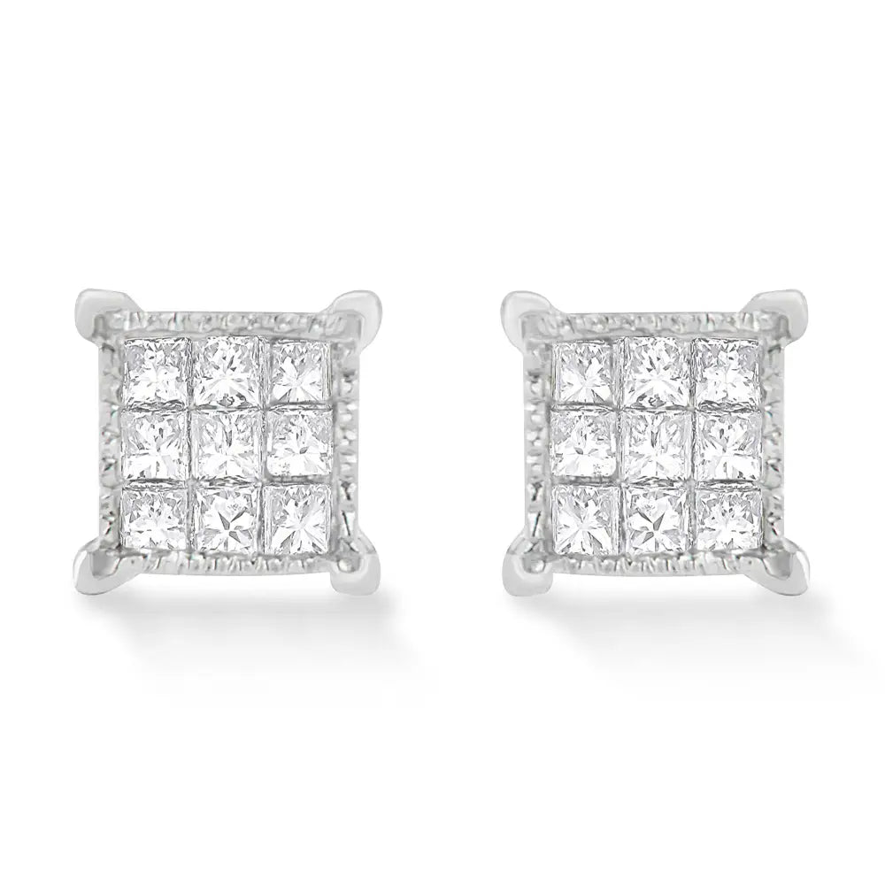 10k White Gold 1/3 Cttw Invisible Set Princess-cut Diamond 18 Stone Composite Stud Earrings with Screwbacks (i-j Color