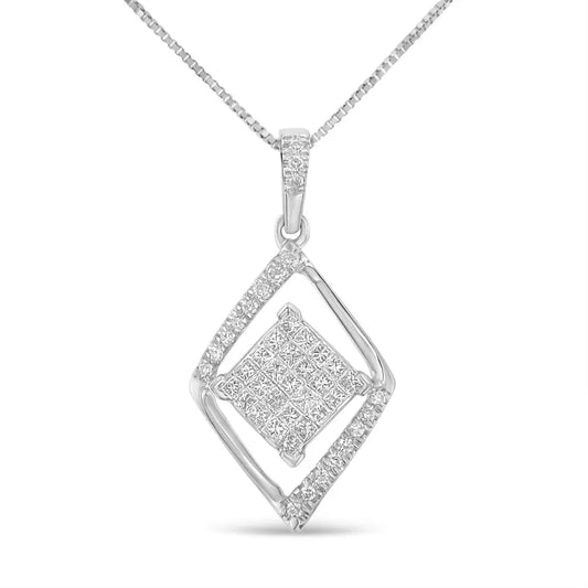 10k White Gold 1/3 Cttw Round and Princess-cut Diamond Double Triangle 18’’ Pendant Necklace (h-i Color Si1-si2