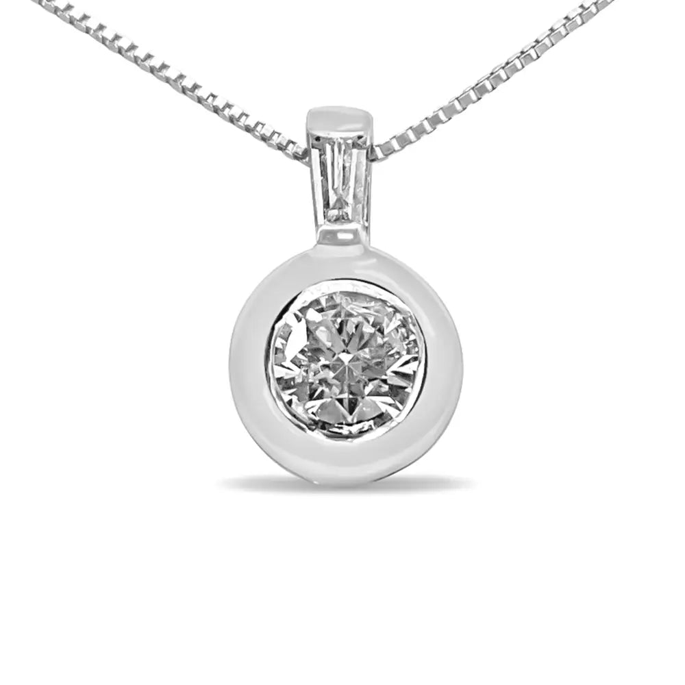 10k White Gold 1/4 Cttw Round and Baguette Diamond Bale Solitaire 18’’ Pendant Necklace (i-j Color I2-i3 Clarity)