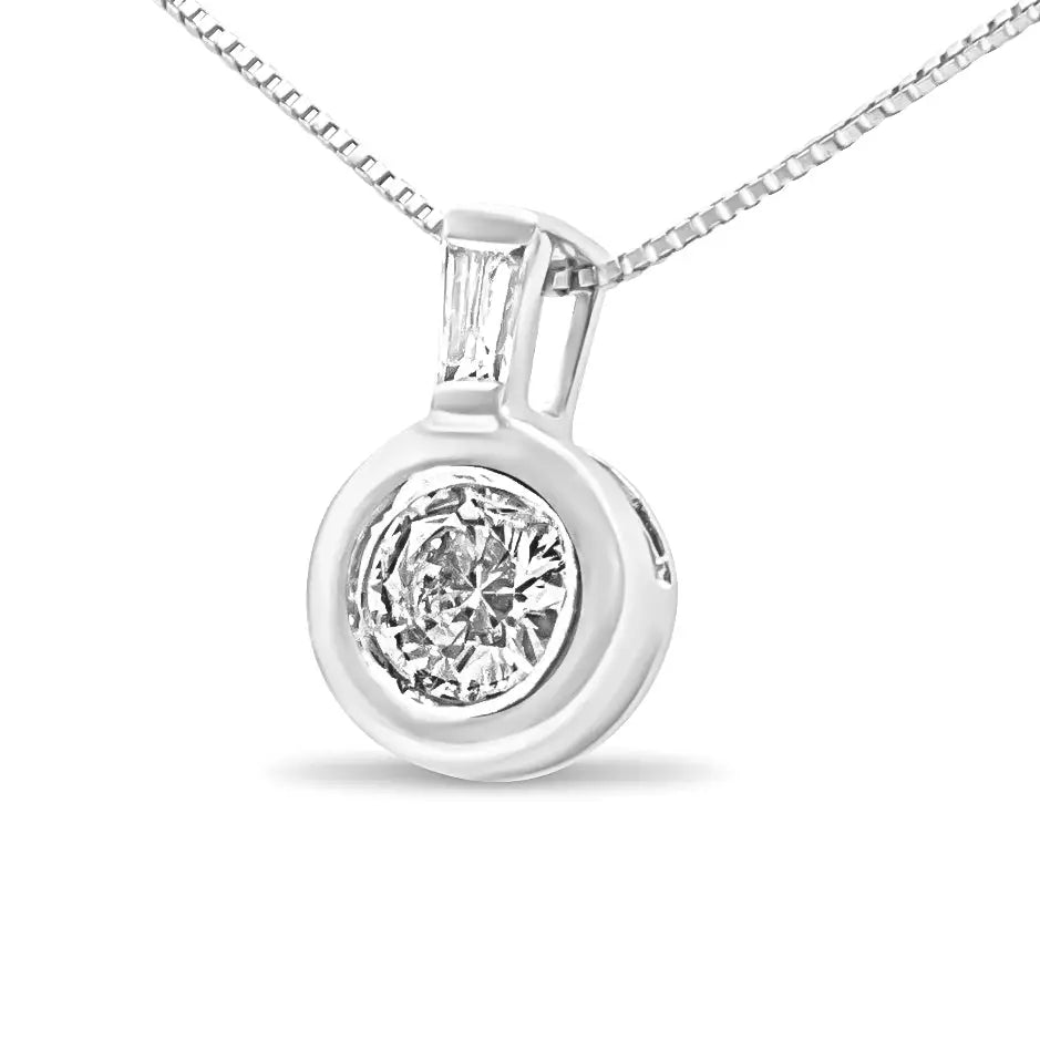 10k White Gold 1/4 Cttw Round and Baguette Diamond Bale Solitaire 18’’ Pendant Necklace (i-j Color I2-i3 Clarity)