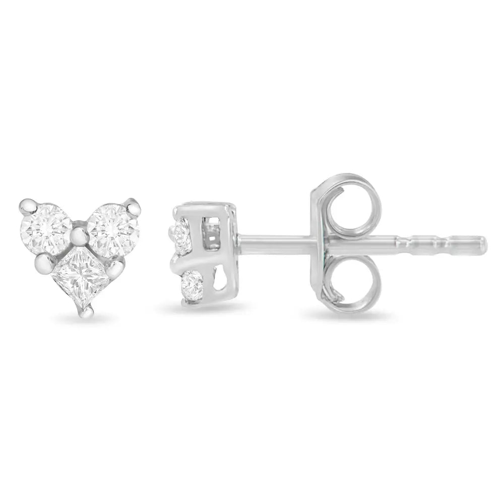 10k White Gold 1/4 Cttw Round and Princess-cut Diamond Composite Heart Shape Stud Earring (i-j Color I1-i2 Clarity)