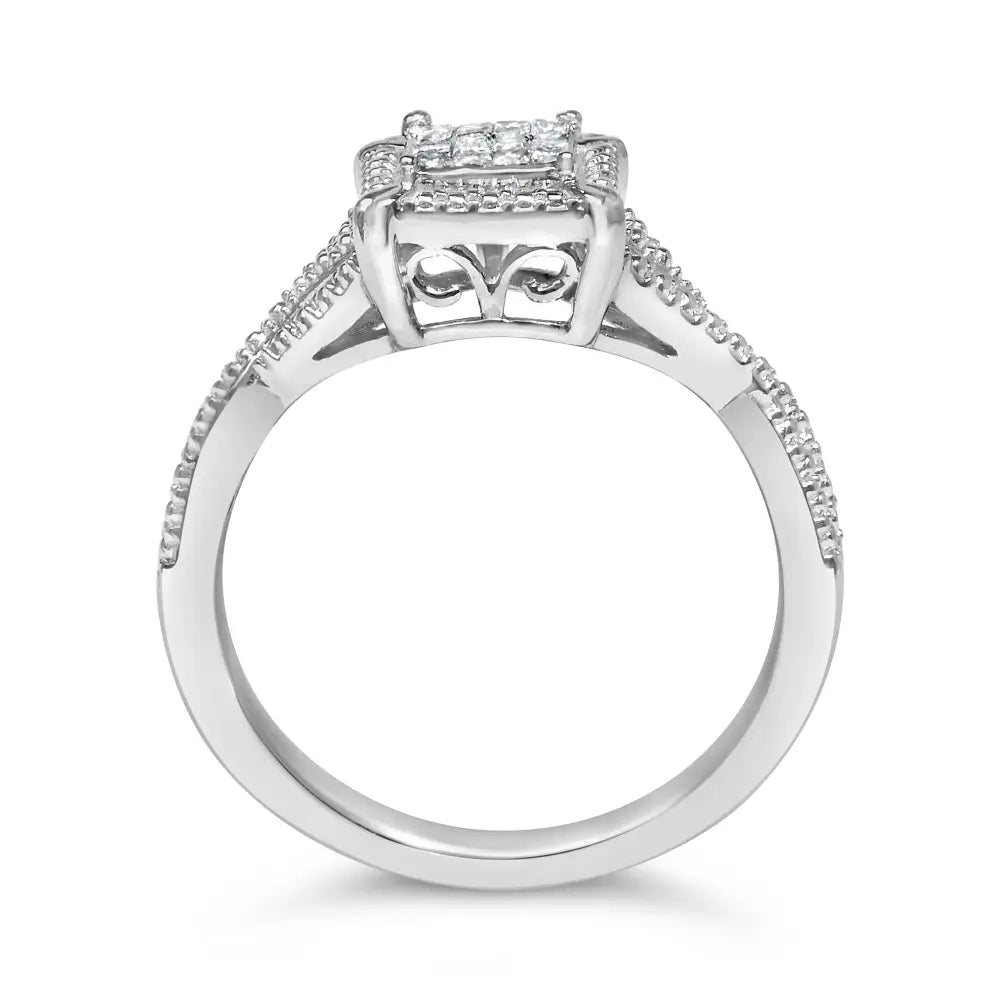 10k White Gold 1/7 Cttw Princess Cut Diamond Composite Head and Beaded Shank Engagement Ring (h-i Color Si1-si2