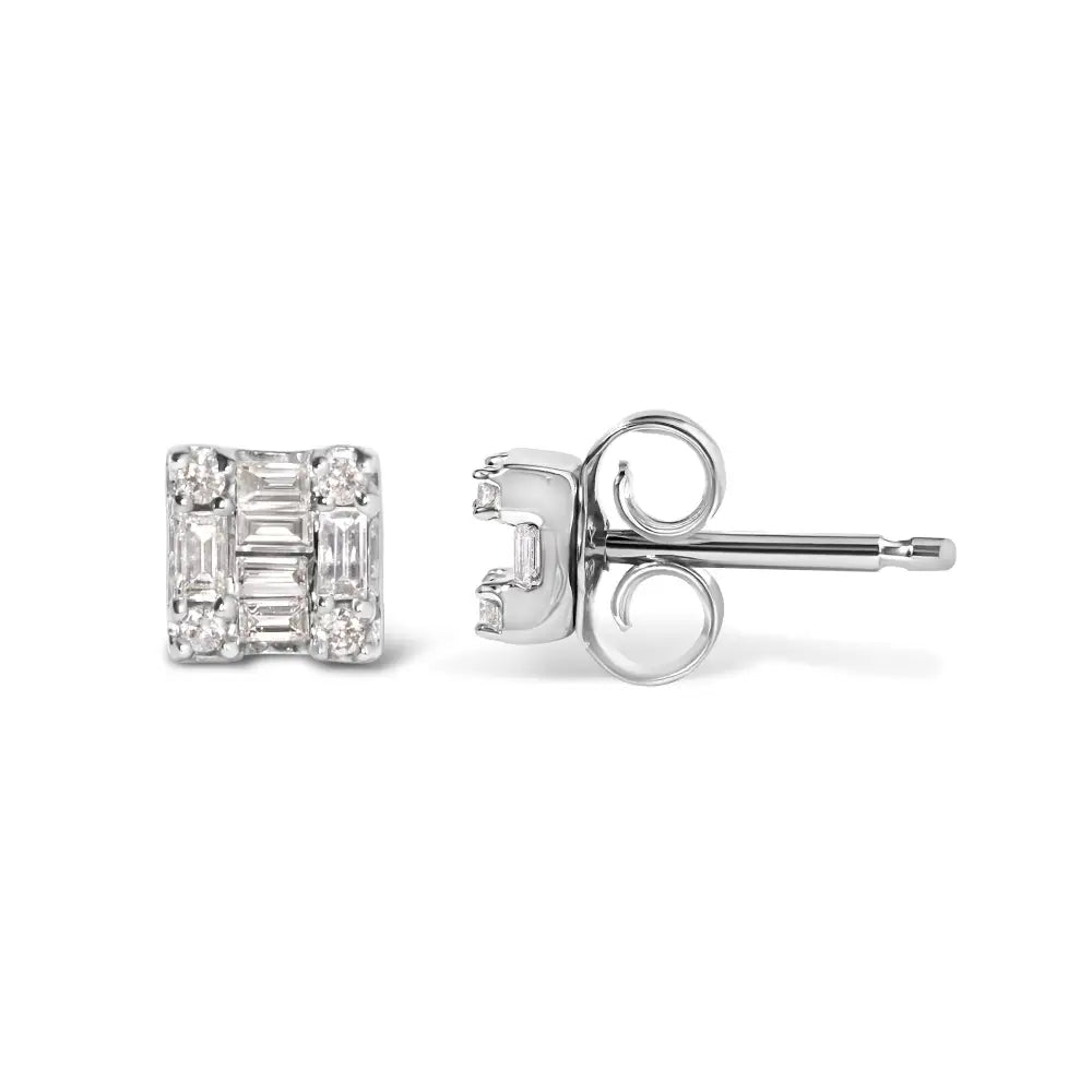 10k White Gold 1/7 Cttw Round and Baguette Diamond Mosaic Square Stud Earrings (h-i Color I1-i2 Clarity) - Fine Jewelry