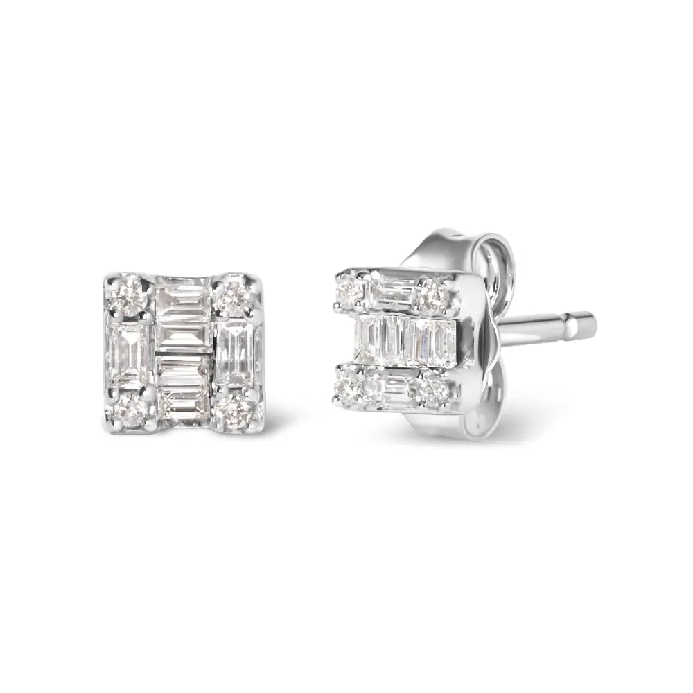 10k White Gold 1/7 Cttw Round and Baguette Diamond Mosaic Square Stud Earrings (h-i Color I1-i2 Clarity) - Fine Jewelry