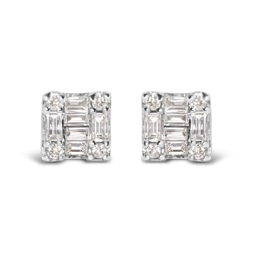 10k White Gold 1/7 Cttw Round and Baguette Diamond Mosaic Square Stud Earrings (h-i Color I1-i2 Clarity) - Fine Jewelry