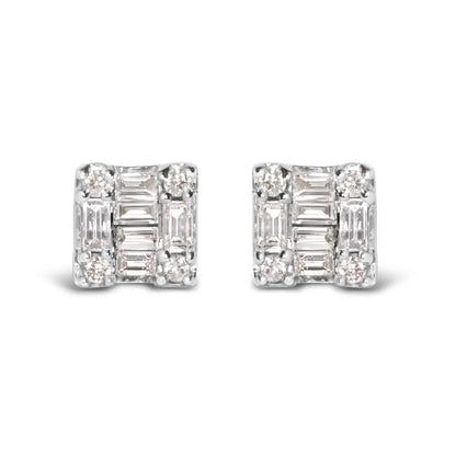 10k White Gold 1/7 Cttw Round and Baguette Diamond Mosaic Square Stud Earrings (h-i Color I1-i2 Clarity) - Fine Jewelry