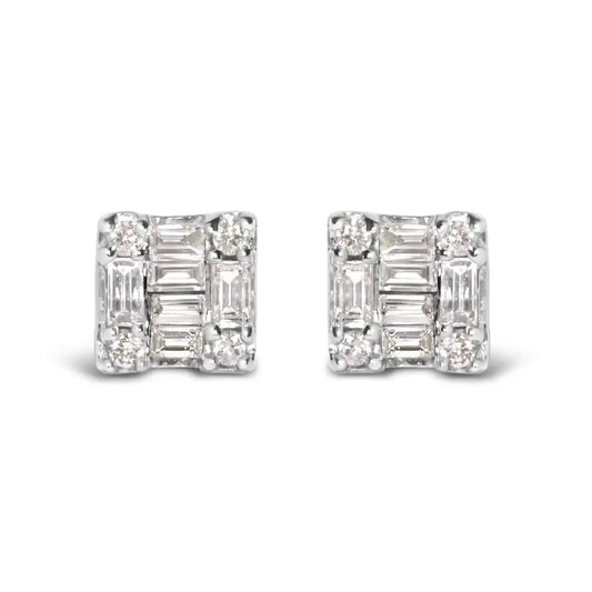 10k White Gold 1/7 Cttw Round and Baguette Diamond Mosaic Square Stud Earrings (h-i Color I1-i2 Clarity) - Fine Jewelry