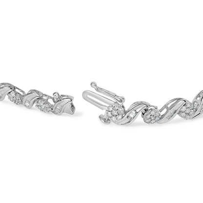 10k White Gold 2.00 Cttw Round-cut and Baguette-cut Diamond Floral Design Swirl Link 7’’ Bracelet (i-j Color I1-i2