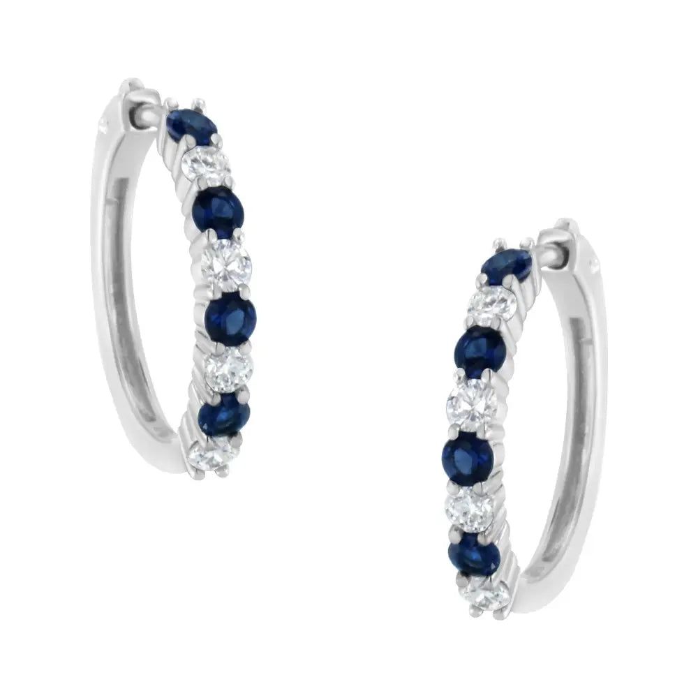 10k White Gold 2.5mm Sapphire Gemstone and 1/2 Cttw Diamond Hoop Earrings (h-i Color I1-i2 Clarity) - Fine Jewelry