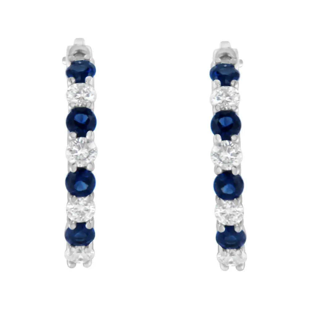 10k White Gold 2.5mm Sapphire Gemstone and 1/2 Cttw Diamond Hoop Earrings (h-i Color I1-i2 Clarity) - Fine Jewelry