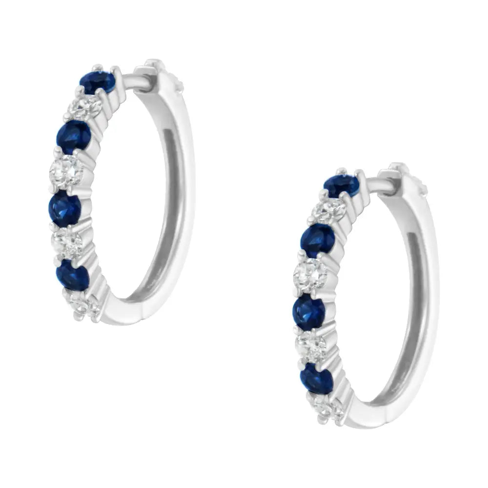 10k White Gold 2.5mm Sapphire Gemstone and 1/2 Cttw Diamond Hoop Earrings (h-i Color I1-i2 Clarity) - Fine Jewelry