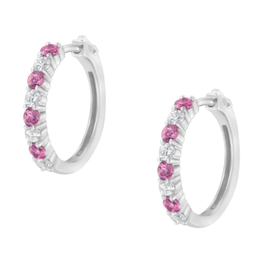 10k White Gold 2.5mm Sapphire Gemstone and 1/2 Cttw Diamond Hoop Earrings (h-i Color I1-i2 Clarity) - Fine Jewelry