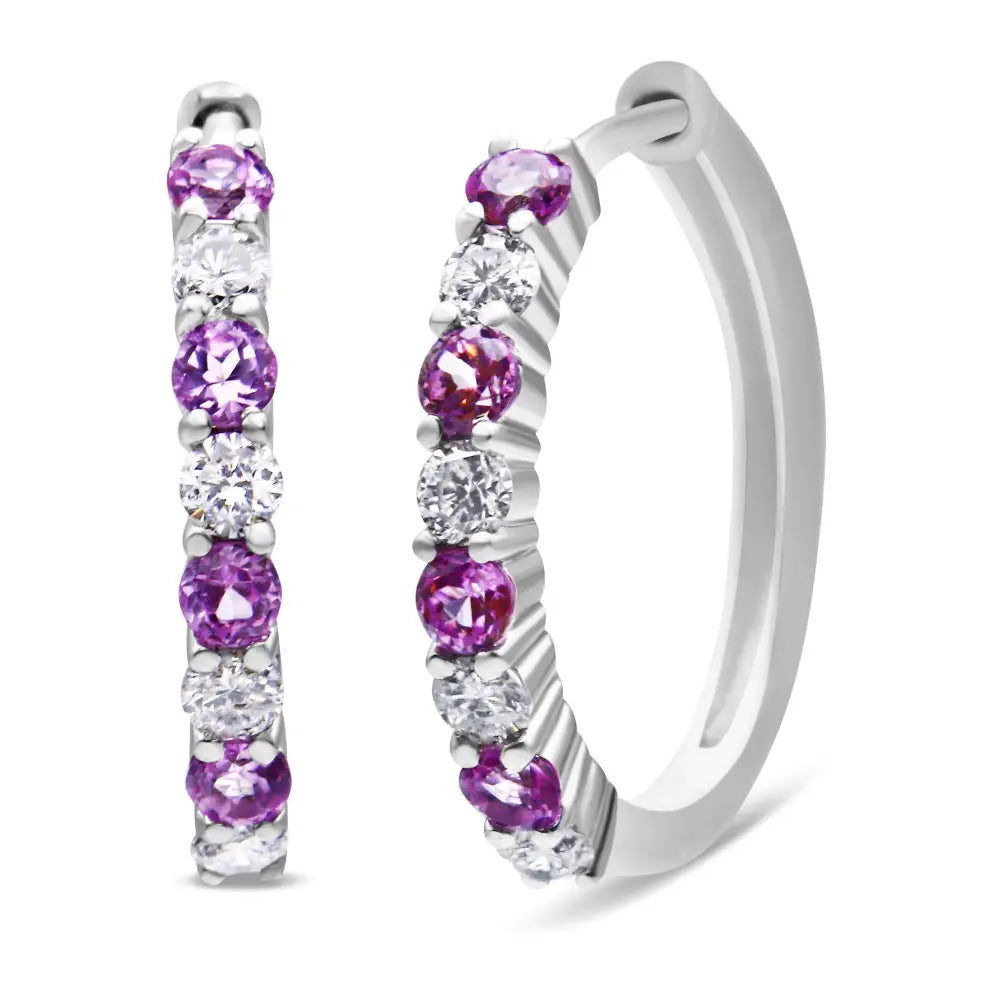 10k White Gold 2.5mm Sapphire Gemstone and 1/2 Cttw Diamond Hoop Earrings (h-i Color I1-i2 Clarity) - Fine Jewelry