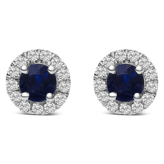 10k White Gold 3.25mm x Round Blue Sapphire and 1/10 Cttw Diamond Halo Stud Earrings (i-j Color I1-i2 Clarity) - Fine