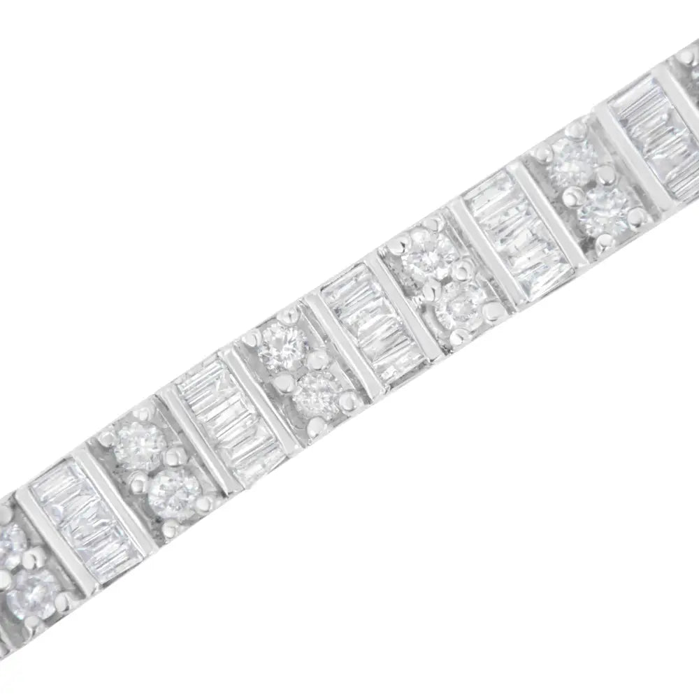 10k White Gold 4.0 Cttw Alternating Baguette & Round Cut Diamond Bezel- Prong-set 7’’ Tennis Bracelet (g-h Color