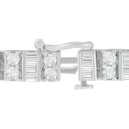 10k White Gold 4.0 Cttw Alternating Baguette & Round Cut Diamond Bezel- Prong-set 7’’ Tennis Bracelet (g-h Color