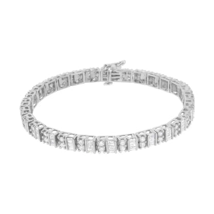 10k White Gold 4.0 Cttw Alternating Baguette & Round Cut Diamond Bezel- Prong-set 7’’ Tennis Bracelet (g-h Color