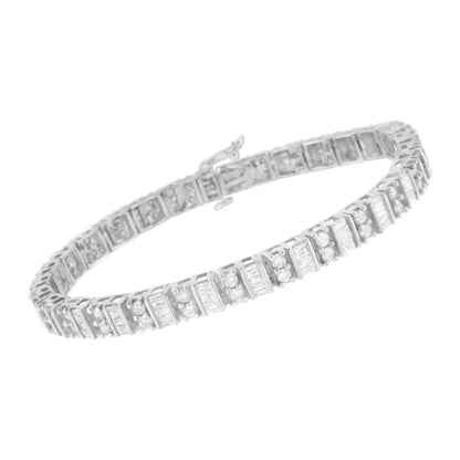 10k White Gold 4.0 Cttw Alternating Baguette & Round Cut Diamond Bezel- Prong-set 7’’ Tennis Bracelet (g-h Color