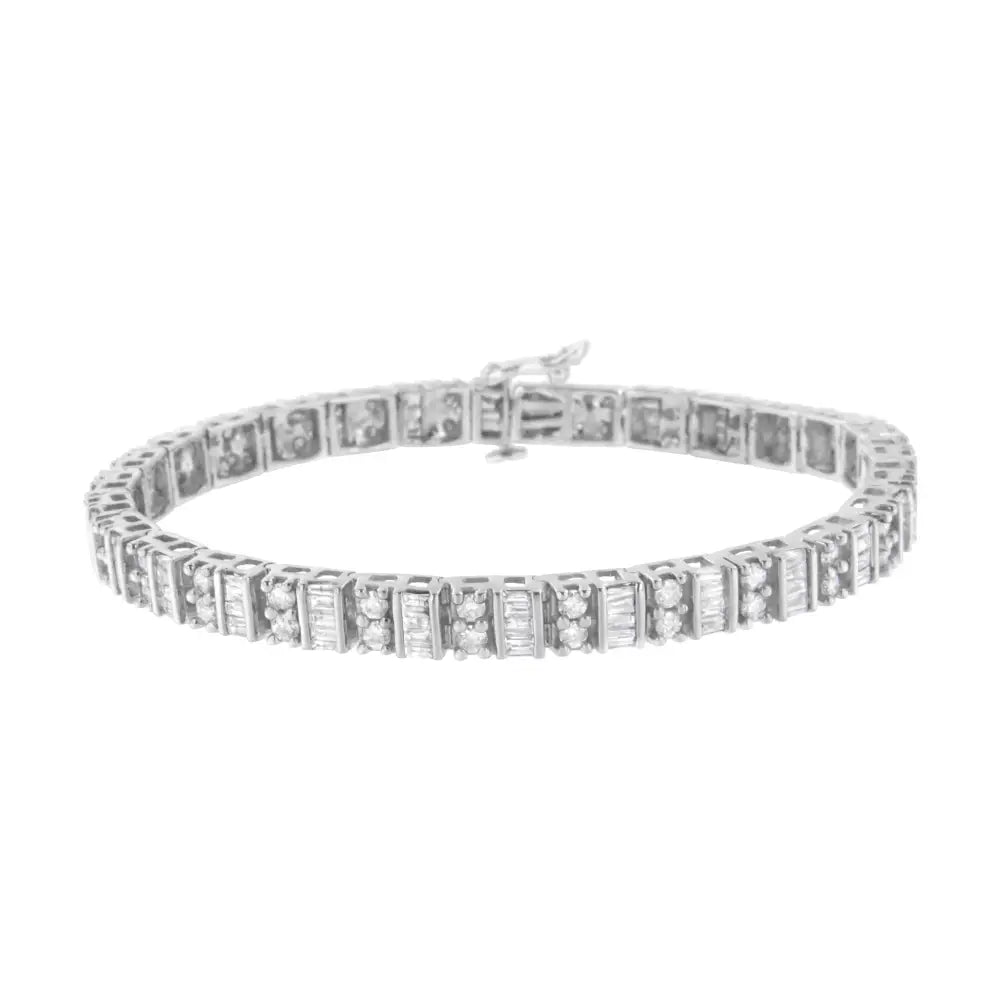 10k White Gold 4.0 Cttw Alternating Baguette & Round Cut Diamond Bezel- Prong-set 7’’ Tennis Bracelet (g-h Color