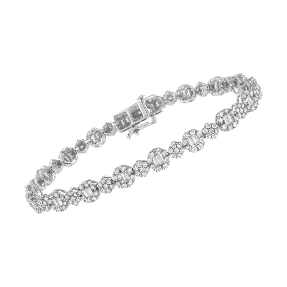 10k White Gold 4.0 Cttw Brilliant Round-cut and Baguette Diamond Floral Cluster Link Bracelet (i-j Clarity I1-i2 Color)