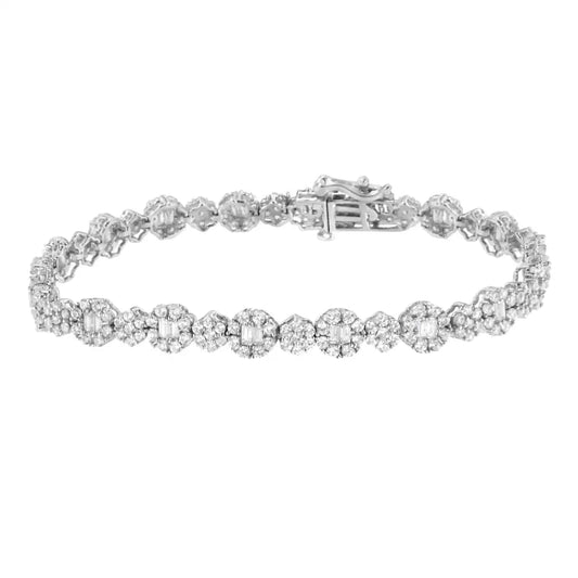 10k White Gold 4.0 Cttw Brilliant Round-cut and Baguette Diamond Floral Cluster Link Bracelet (i-j Clarity I1-i2 Color)