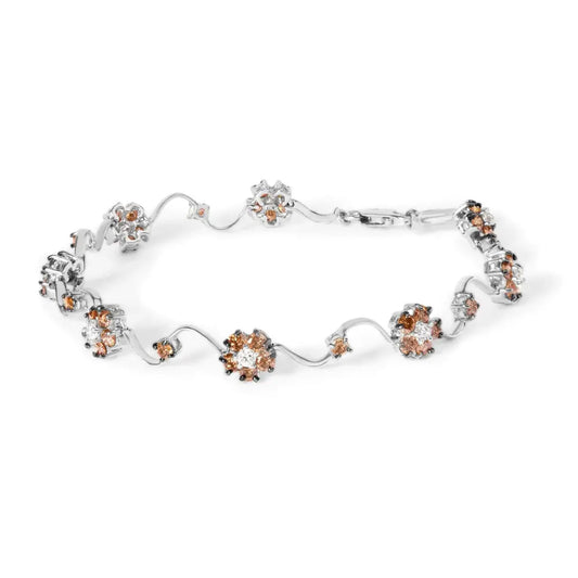 10k White Gold 4.0 Cttw Champagne and Diamond Floral Cluster Station Link Bracelet (h-i Color Si2-i1 Clarity) - 7’’