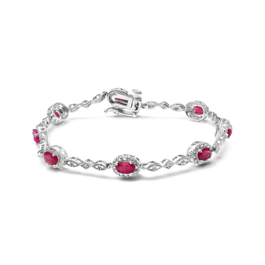 10k White Gold 4.5mm x 3mm Oval Ruby and Diamond Link Bracelet (h-i Color Si1-si2 Clarity) - Size 7’’ - Fine