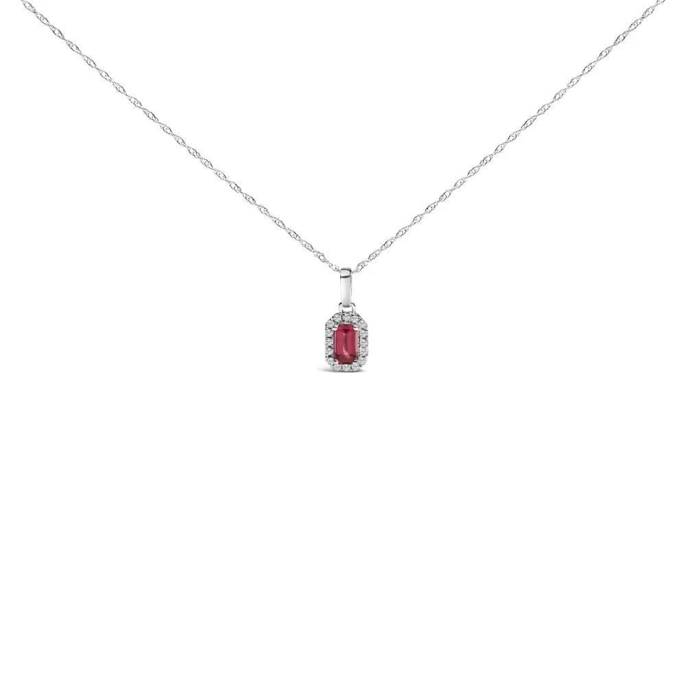 10k White Gold 5x3mm Gemstone and Diamond Accent Halo Octagonal Shape 18’’ Pendant Necklace (i-j Color I1-i2