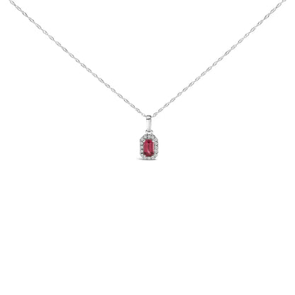 10k White Gold 5x3mm Gemstone and Diamond Accent Halo Octagonal Shape 18’’ Pendant Necklace (i-j Color I1-i2