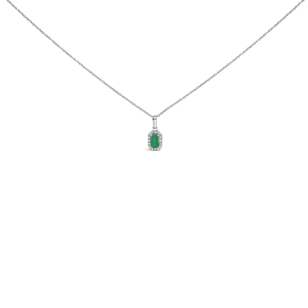 10k White Gold 5x3mm Gemstone and Diamond Accent Halo Octagonal Shape 18’’ Pendant Necklace (i-j Color I1-i2