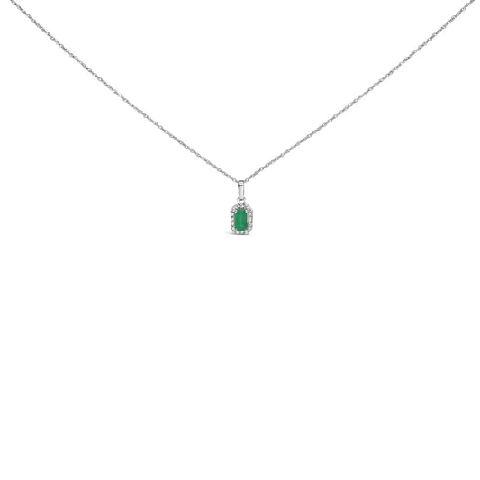 10k White Gold 5x3mm Gemstone and Diamond Accent Halo Octagonal Shape 18’’ Pendant Necklace (i-j Color I1-i2