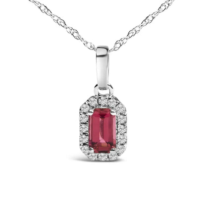 10k White Gold 5x3mm Gemstone and Diamond Accent Halo Octagonal Shape 18’’ Pendant Necklace (i-j Color I1-i2