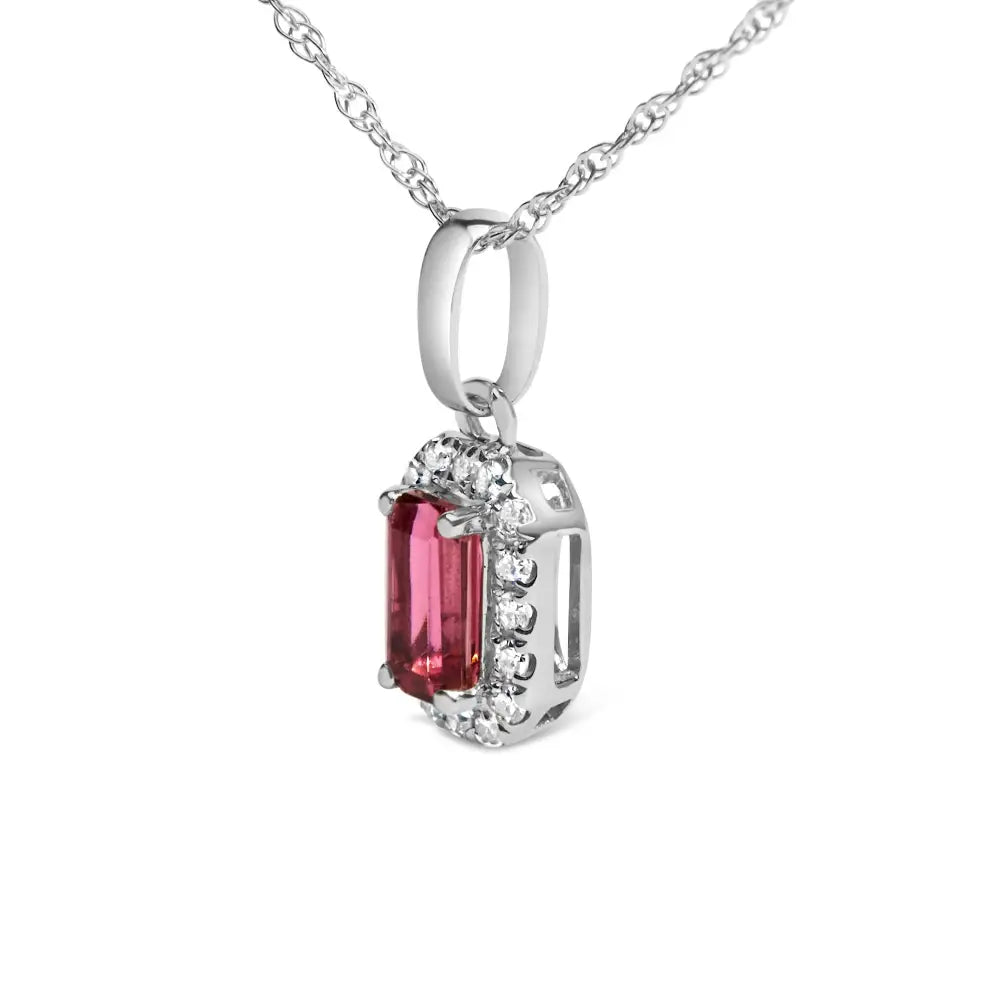 10k White Gold 5x3mm Gemstone and Diamond Accent Halo Octagonal Shape 18’’ Pendant Necklace (i-j Color I1-i2