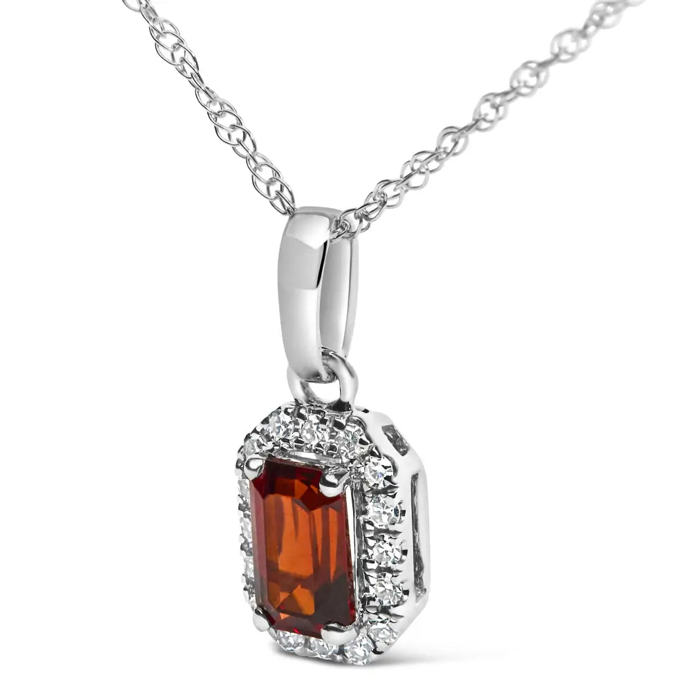 10k White Gold 5x3mm Gemstone and Diamond Accent Halo Octagonal Shape 18’’ Pendant Necklace (i-j Color I1-i2