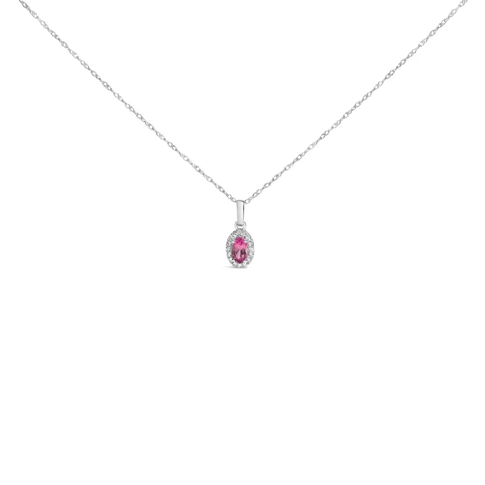 10k White Gold 5x3mm Gemstone and Diamond Accent Halo Oval Shape 18’’ Pendant Necklace (i-j Color I1-i2 Clarity)