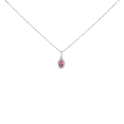 10k White Gold 5x3mm Gemstone and Diamond Accent Halo Oval Shape 18’’ Pendant Necklace (i-j Color I1-i2 Clarity)