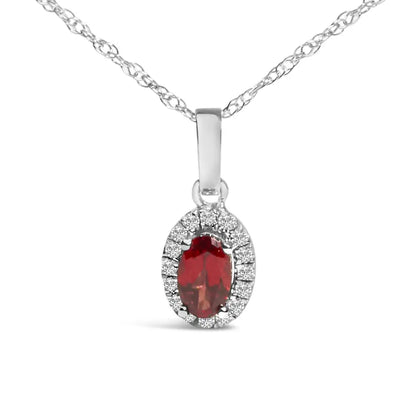 10k White Gold 5x3mm Gemstone and Diamond Accent Halo Oval Shape 18’’ Pendant Necklace (i-j Color I1-i2 Clarity)