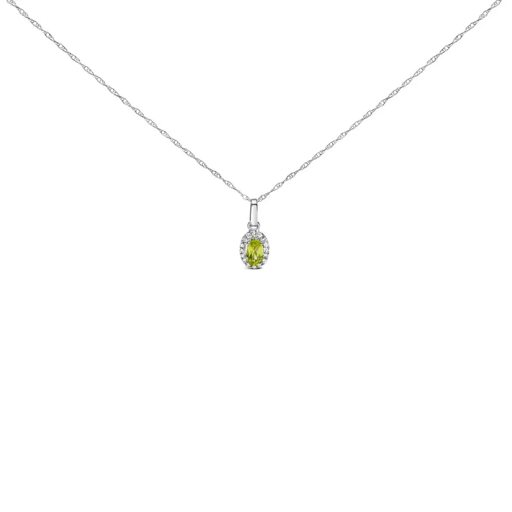 10k White Gold 5x3mm Gemstone and Diamond Accent Halo Oval Shape 18’’ Pendant Necklace (i-j Color I1-i2 Clarity)