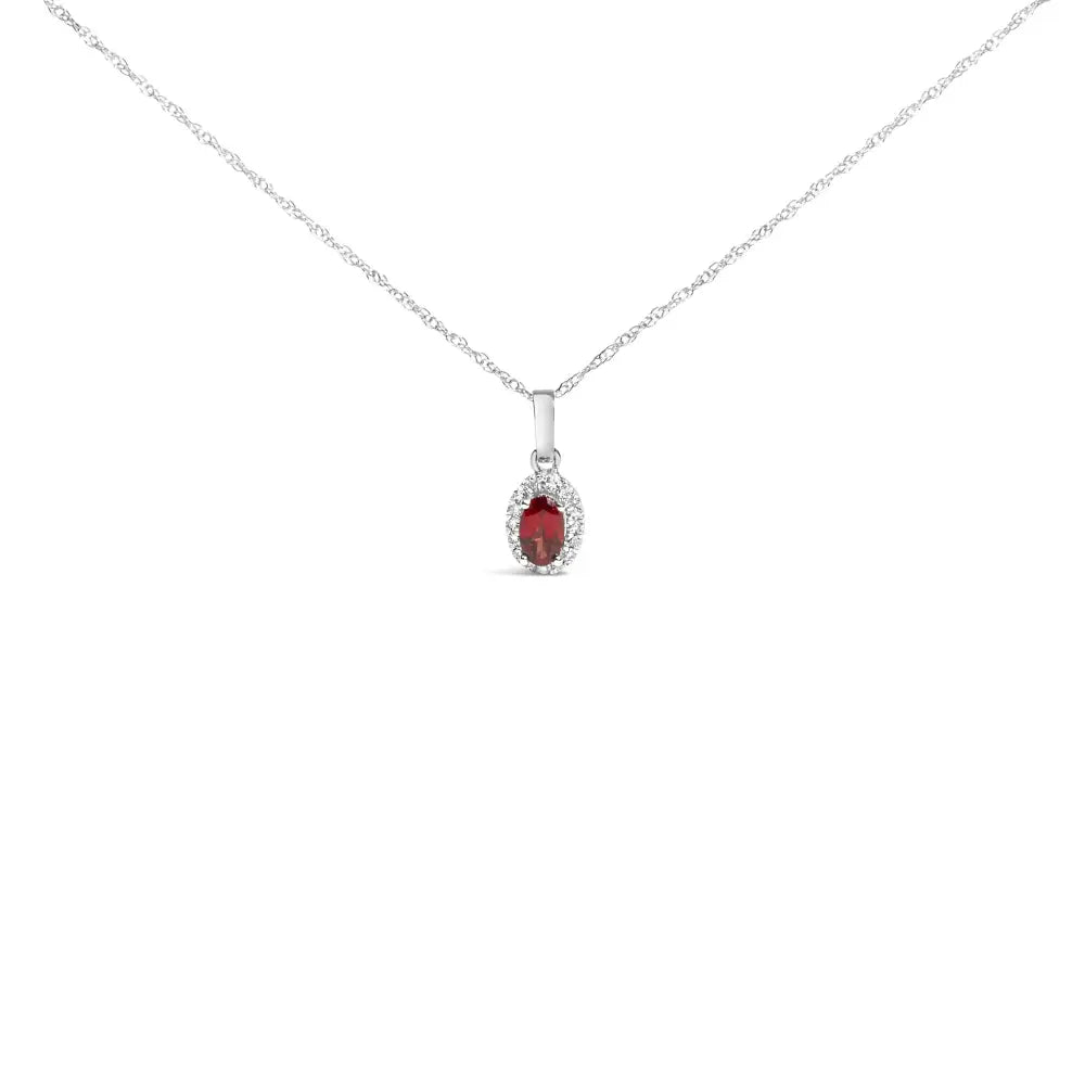 10k White Gold 5x3mm Gemstone and Diamond Accent Halo Oval Shape 18’’ Pendant Necklace (i-j Color I1-i2 Clarity)