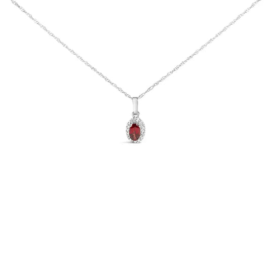 10k White Gold 5x3mm Gemstone and Diamond Accent Halo Oval Shape 18’’ Pendant Necklace (i-j Color I1-i2 Clarity)