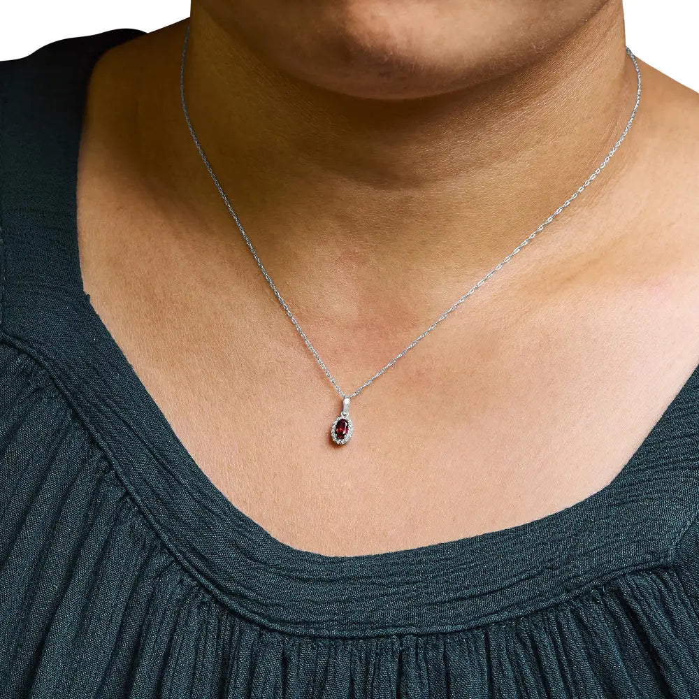 10k White Gold 5x3mm Gemstone and Diamond Accent Halo Oval Shape 18’’ Pendant Necklace (i-j Color I1-i2 Clarity)