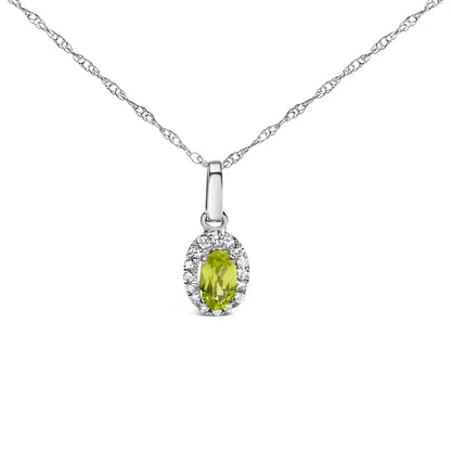 10k White Gold 5x3mm Gemstone and Diamond Accent Halo Oval Shape 18’’ Pendant Necklace (i-j Color I1-i2 Clarity)