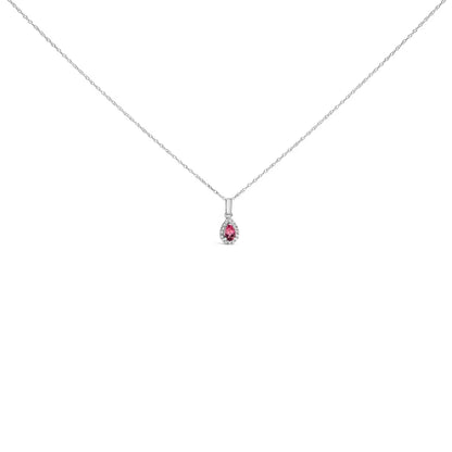 10k White Gold 5x3mm Gemstone and Diamond Accent Halo Pear Shape 18’’ Pendant Necklace (i-j Color I1-i2 Clarity)