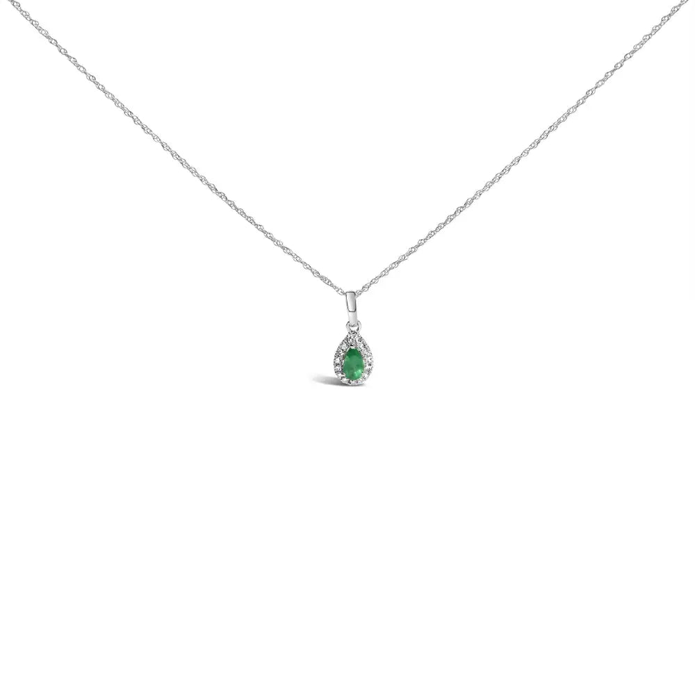 10k White Gold 5x3mm Gemstone and Diamond Accent Halo Pear Shape 18’’ Pendant Necklace (i-j Color I1-i2 Clarity)