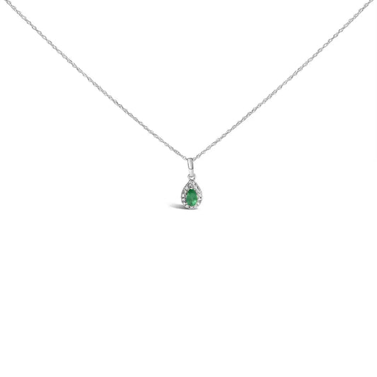 10k White Gold 5x3mm Gemstone and Diamond Accent Halo Pear Shape 18’’ Pendant Necklace (i-j Color I1-i2 Clarity)