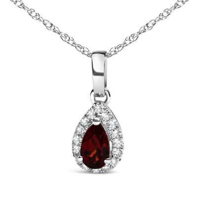 10k White Gold 5x3mm Gemstone and Diamond Accent Halo Pear Shape 18’’ Pendant Necklace (i-j Color I1-i2 Clarity)