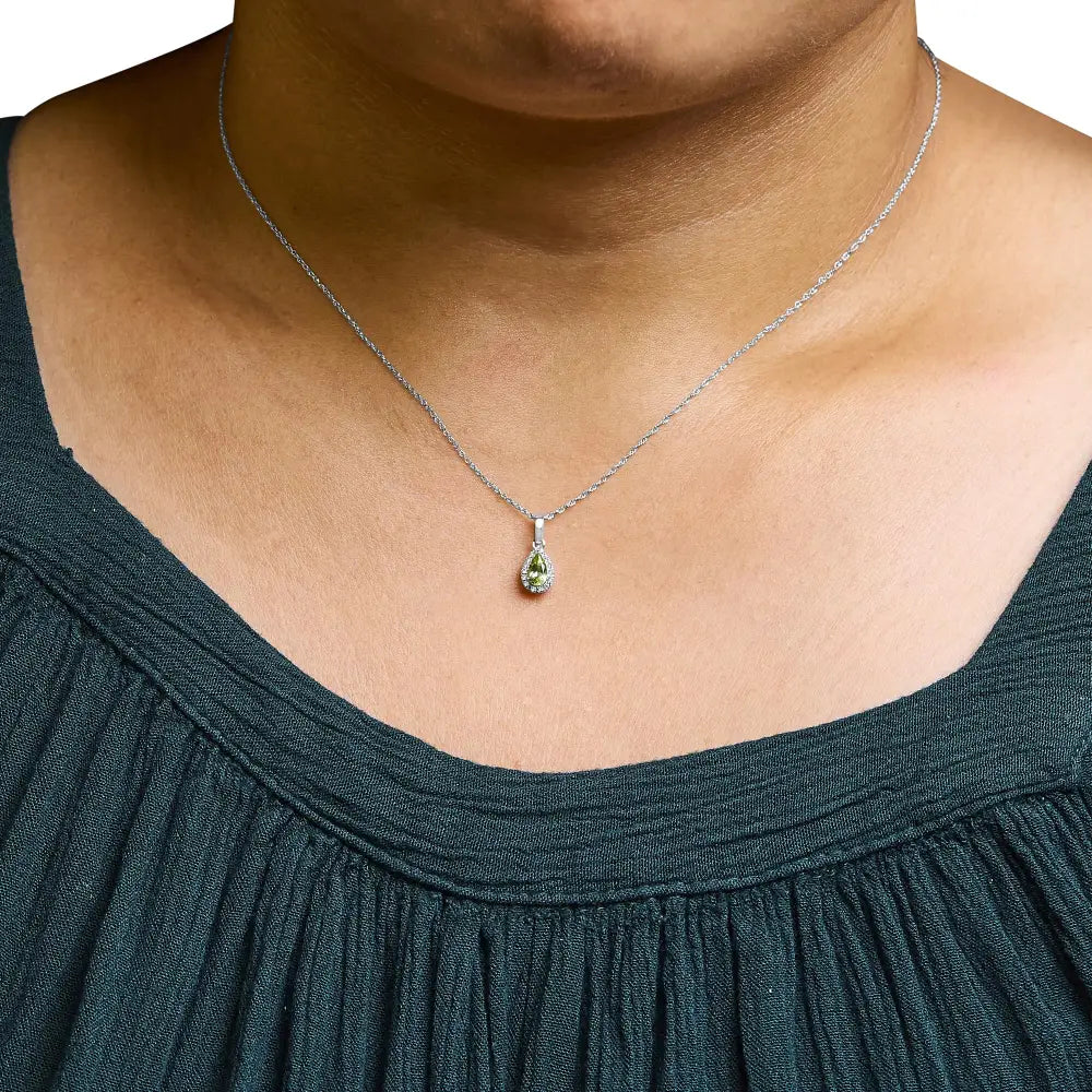 10k White Gold 5x3mm Gemstone and Diamond Accent Halo Pear Shape 18’’ Pendant Necklace (i-j Color I1-i2 Clarity)