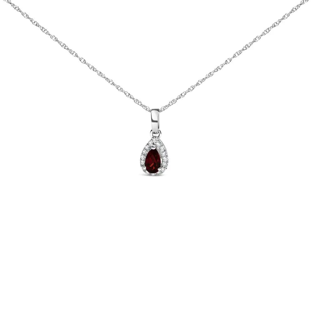 10k White Gold 5x3mm Gemstone and Diamond Accent Halo Pear Shape 18’’ Pendant Necklace (i-j Color I1-i2 Clarity)